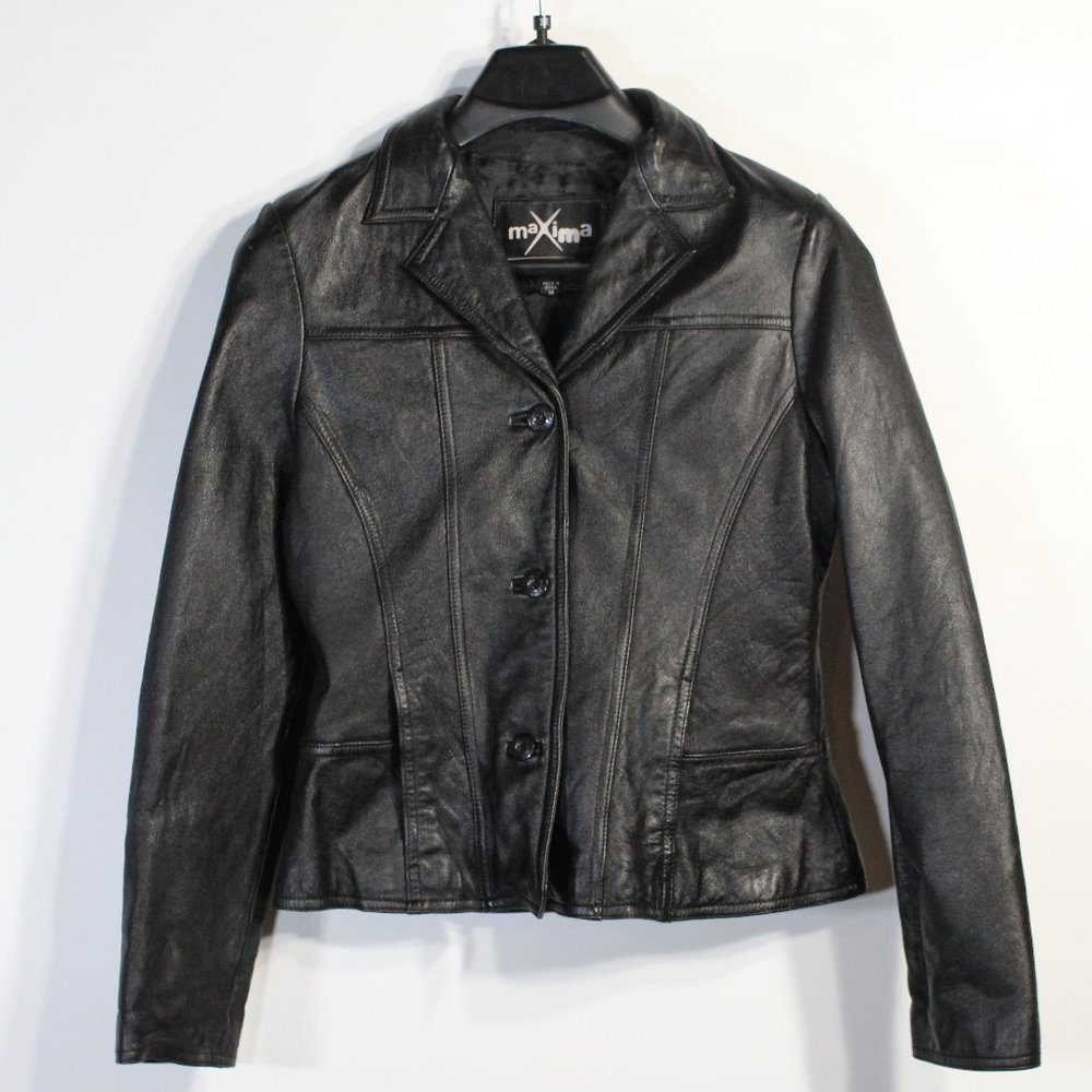 MAXIMA By WILSONS Black Leather Jacket Women's | Medium Vintage | Coat | Biker